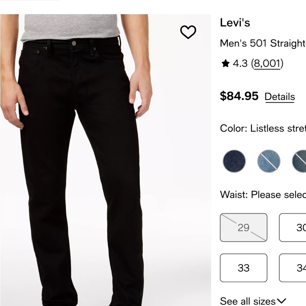 Don’t buy on hold NWT Levi’s black mens 501 waterless jeans size 40/32